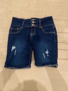 YMI Dark Blue Distressed Denim Bermuda Shorts